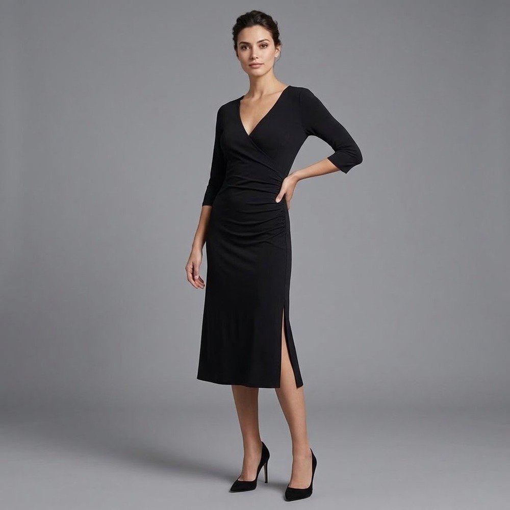 Burberry London Faux Wrap Midi Dress Black Ruched V-Neck Size 4